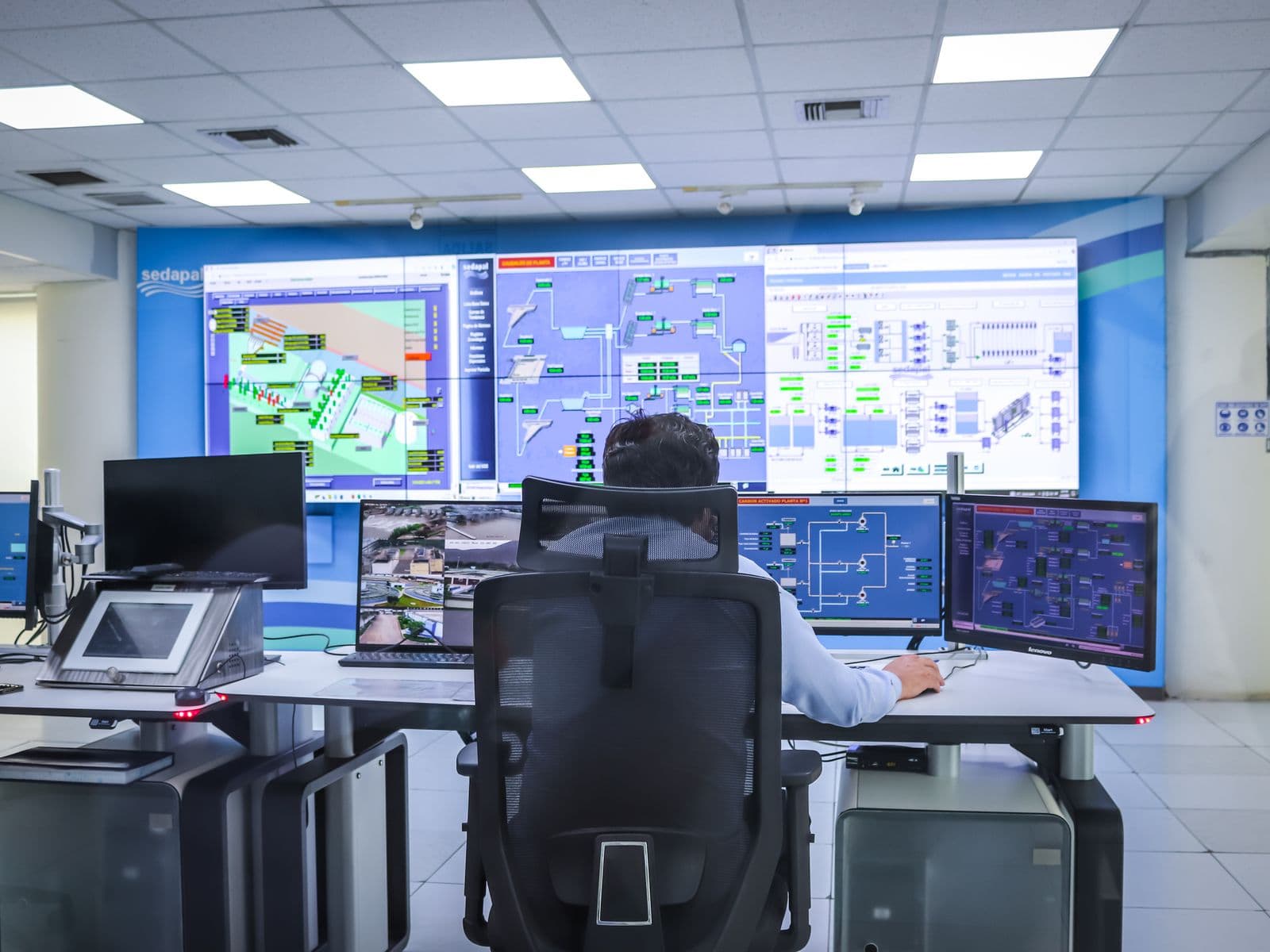 Operator monitoring screens in an industrial control room